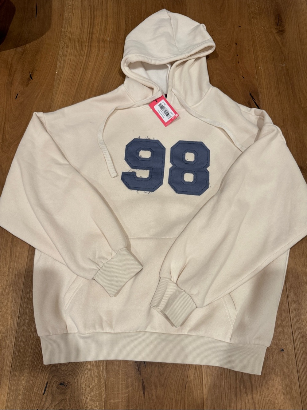 Edikted Cream Hoodie Sweatshirt with Navy '98' Patch